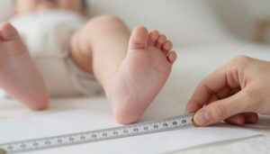 Padre midiendo cuidadosamente el pie de un bebé sobre papel blanco con regla